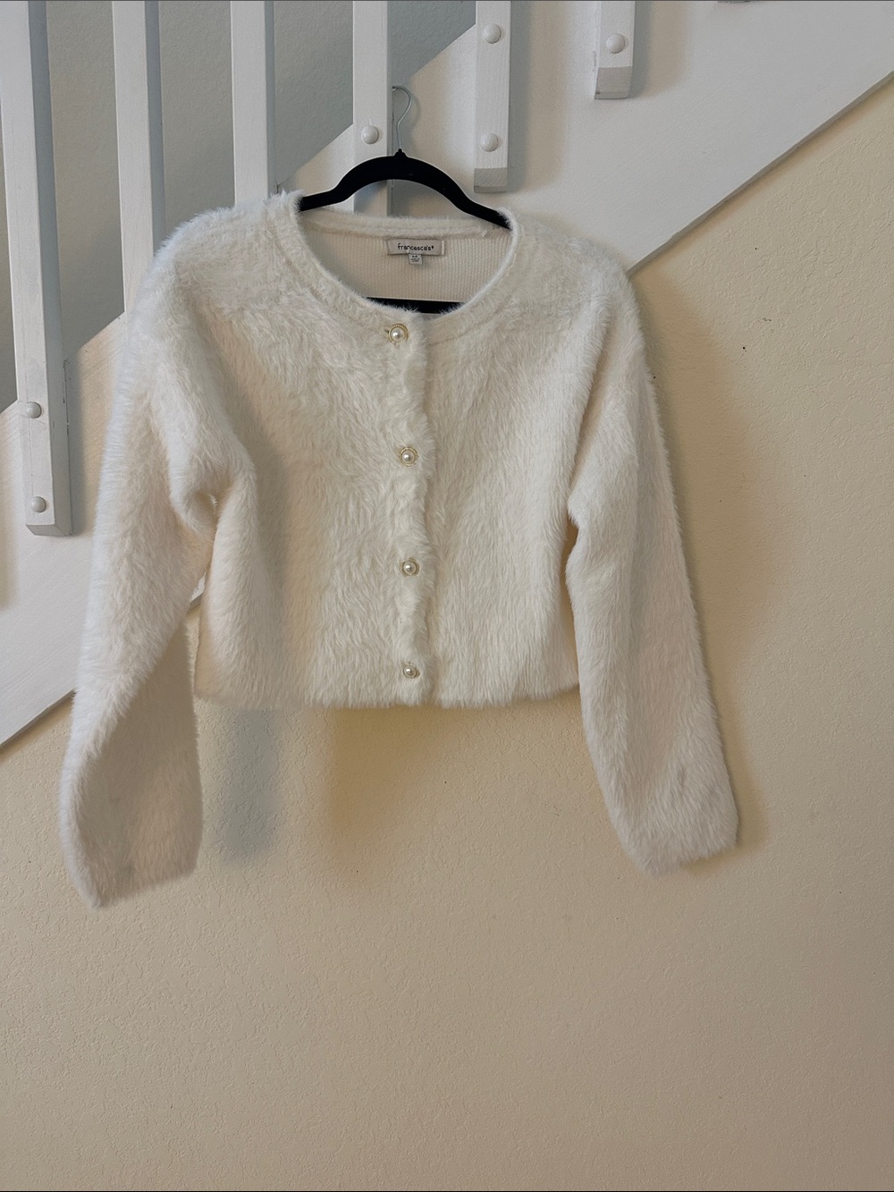 Francesca's Collections Fuzzy Pearl-Button White Cropped Cardigan